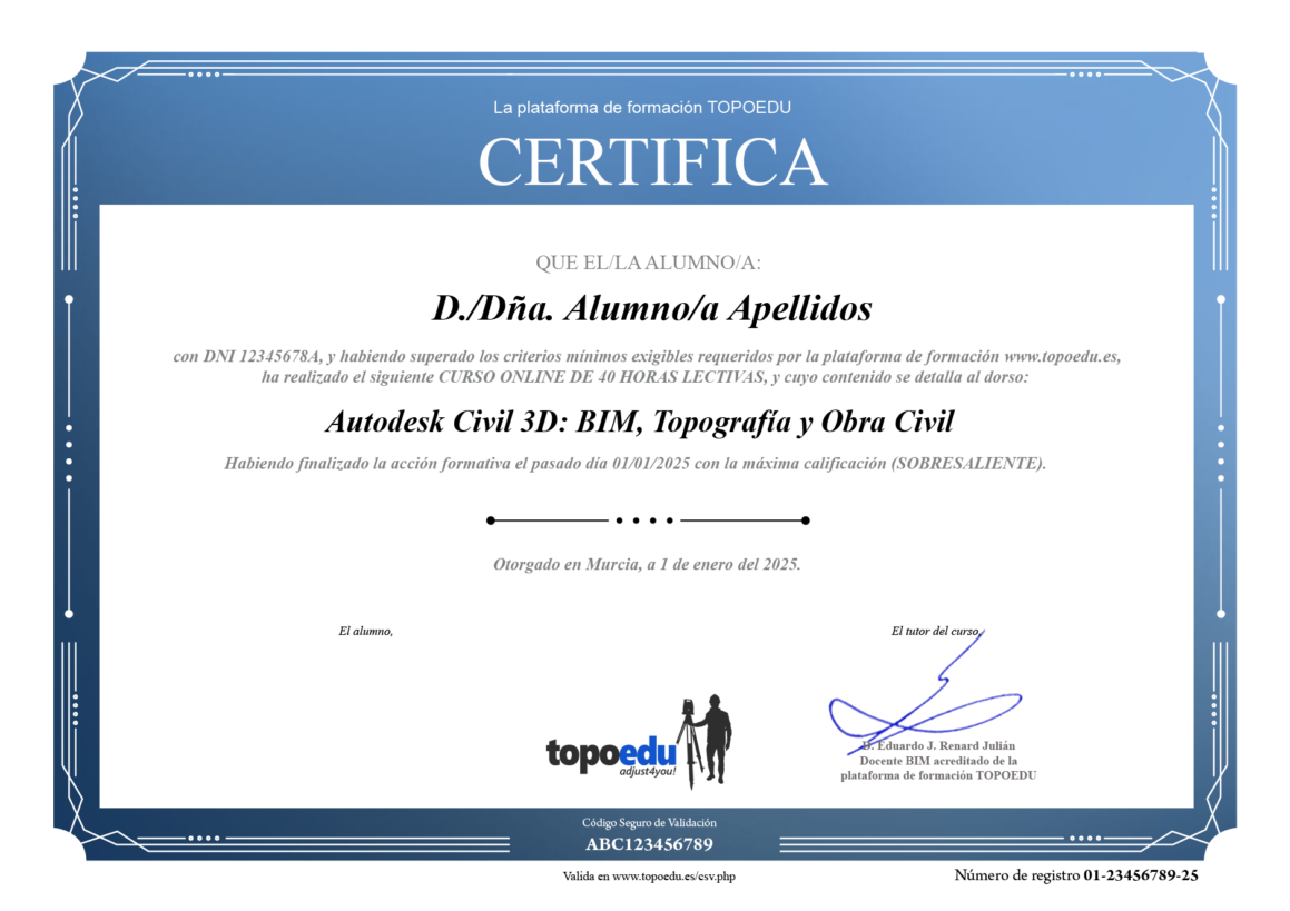Ejemplo de diploma acreditativo del curso Autodesk Civil 3D con código seguro de validación (CSV) para verificar su autenticidad