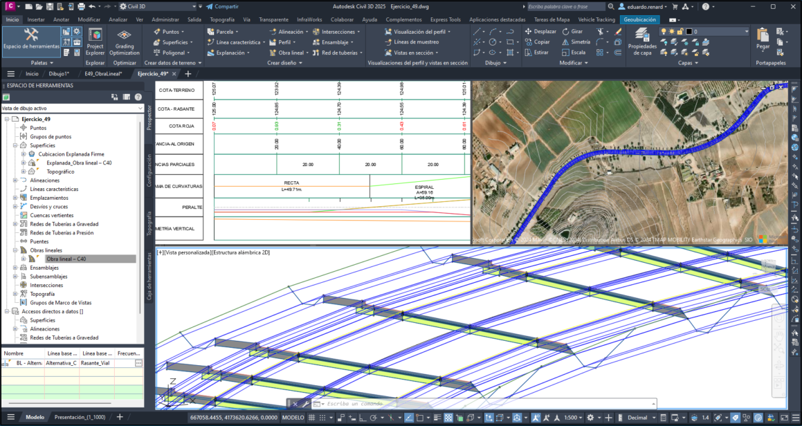 Vista de Autodesk Civil 3D con sección tipo, alineación y perfil longitudinal Captura de pantalla de Autodesk Civil 3D mostrando una sección tipo con alineación y perfil longitudinal